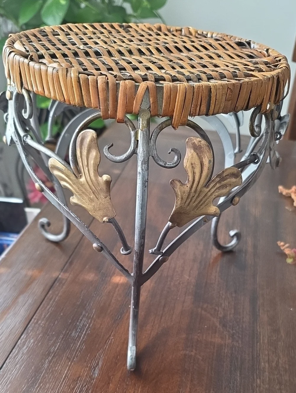 Woven Rattan and Metal Accent Stool - Brown and Silver. Circa 1950s-1980.